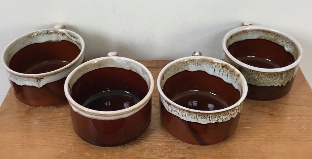 4 Vtg Valley Forge Oven to Table Brown Drip Lava Glaze French Onion Soup Cups